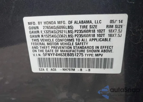 2014 Honda Pilot Ex-L from USA, damaged, VIN 5FNYF4H63EB051275